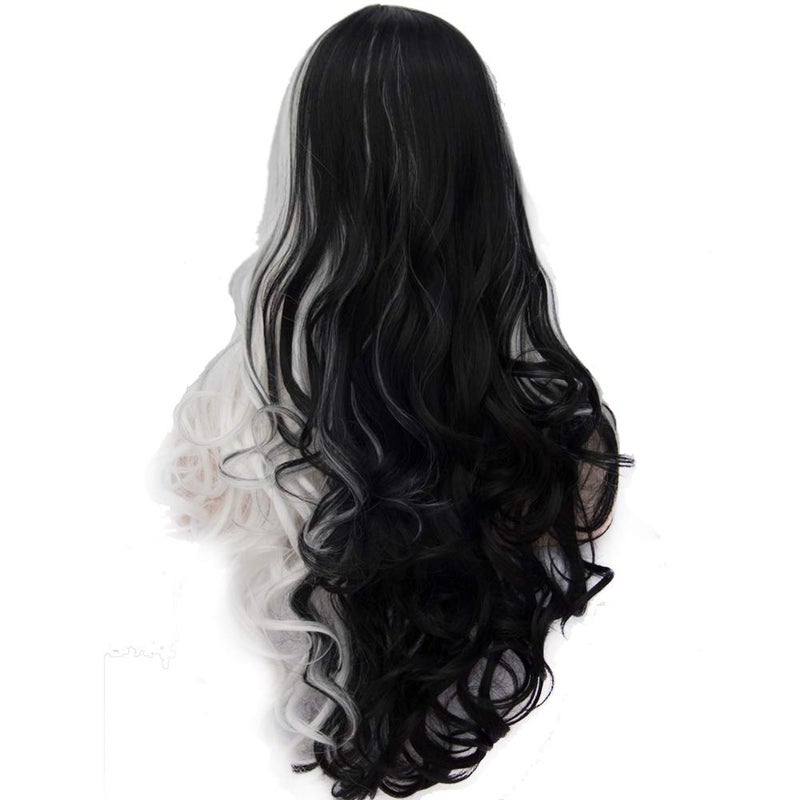 BERON Black White Wig Long Wavy Black White Split Wigs for Women Girls Cosplay Party Hairnet Include - Image 4